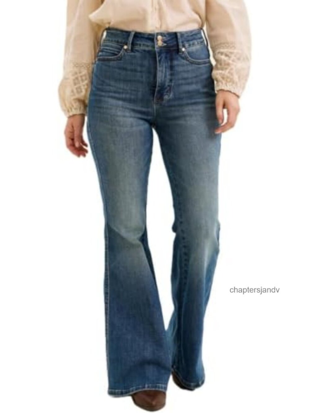 High Waisted Tummy Control Flare Jeans Double Button Shield Pockets